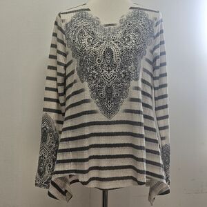 One World Thermal Knit Top Size S V-Neck LS Stripe Tee Oversized Festival Boho